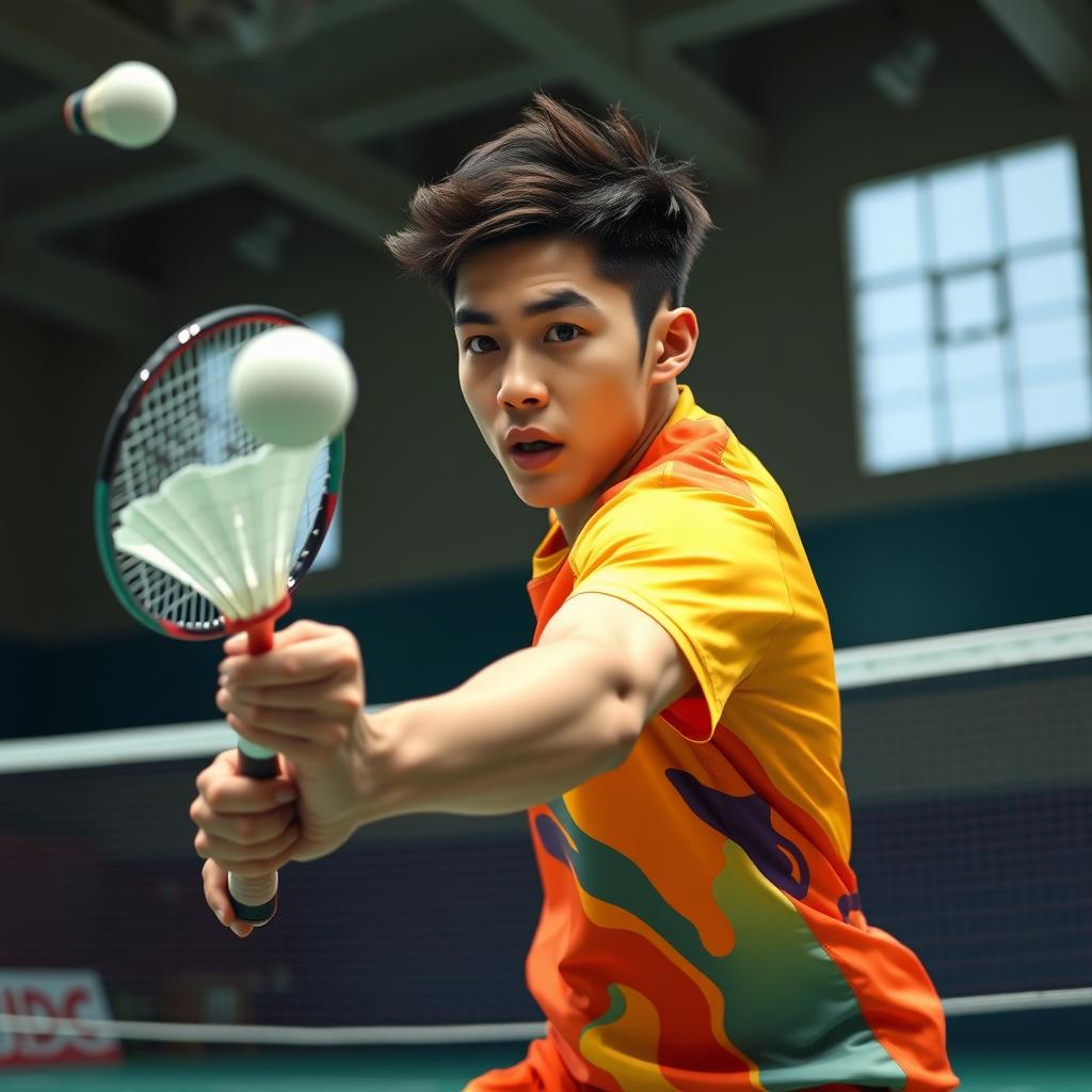 A dynamic and energetic badminton player in action, captured mid-swing as they hit a shuttlecock