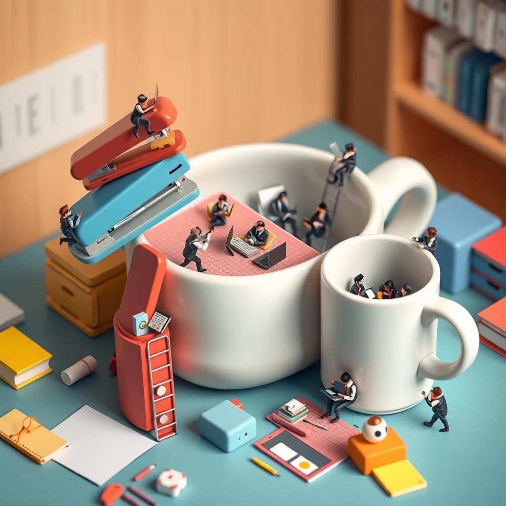 A whimsical scene depicting miniature workers energetically navigating a giant desk