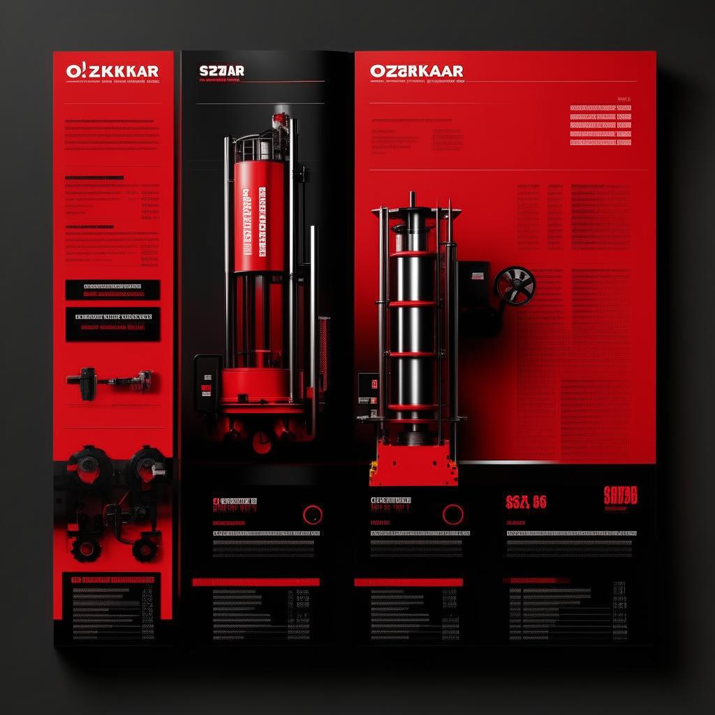 Create a catalog design for OZKAR MAKINA company, themed around machinery and lifting equipment. Design inspired by red and black colors, with room left blank for price and technical specifications for 5 different products.