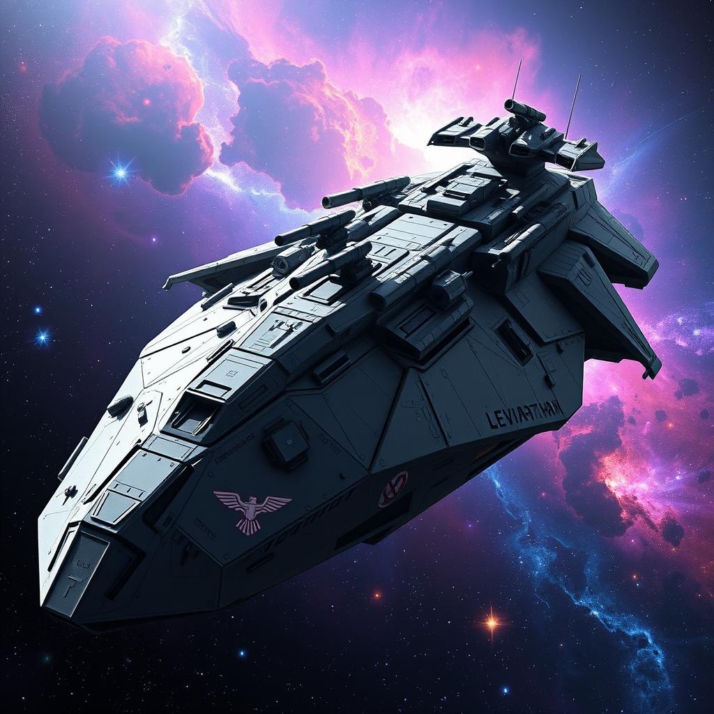 A colossal war spaceship named Leviathan, equipped with heavy weaponry and featuring a bold, aggressive design