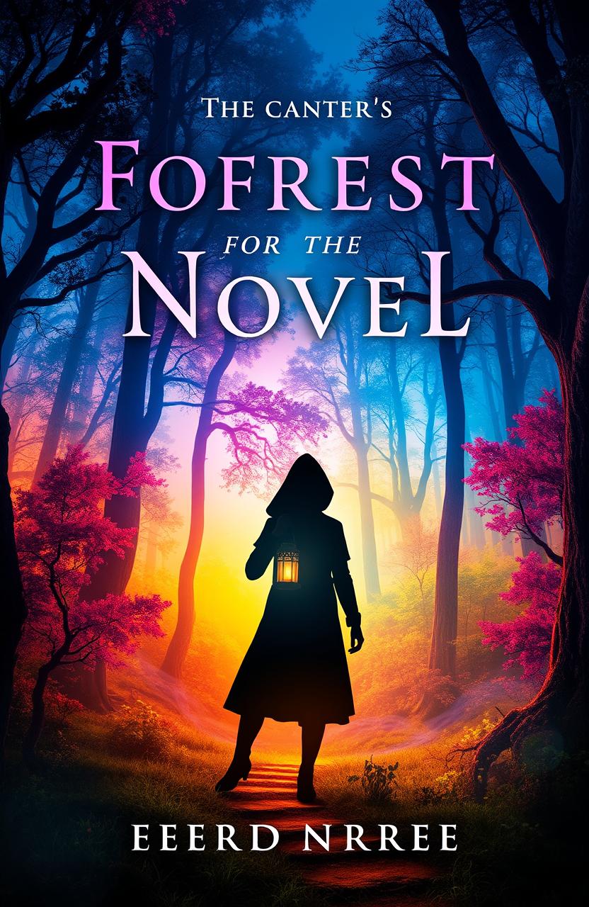 A captivating book cover for a novel, featuring a mystical forest landscape with vibrant colors, towering trees, and ethereal lighting