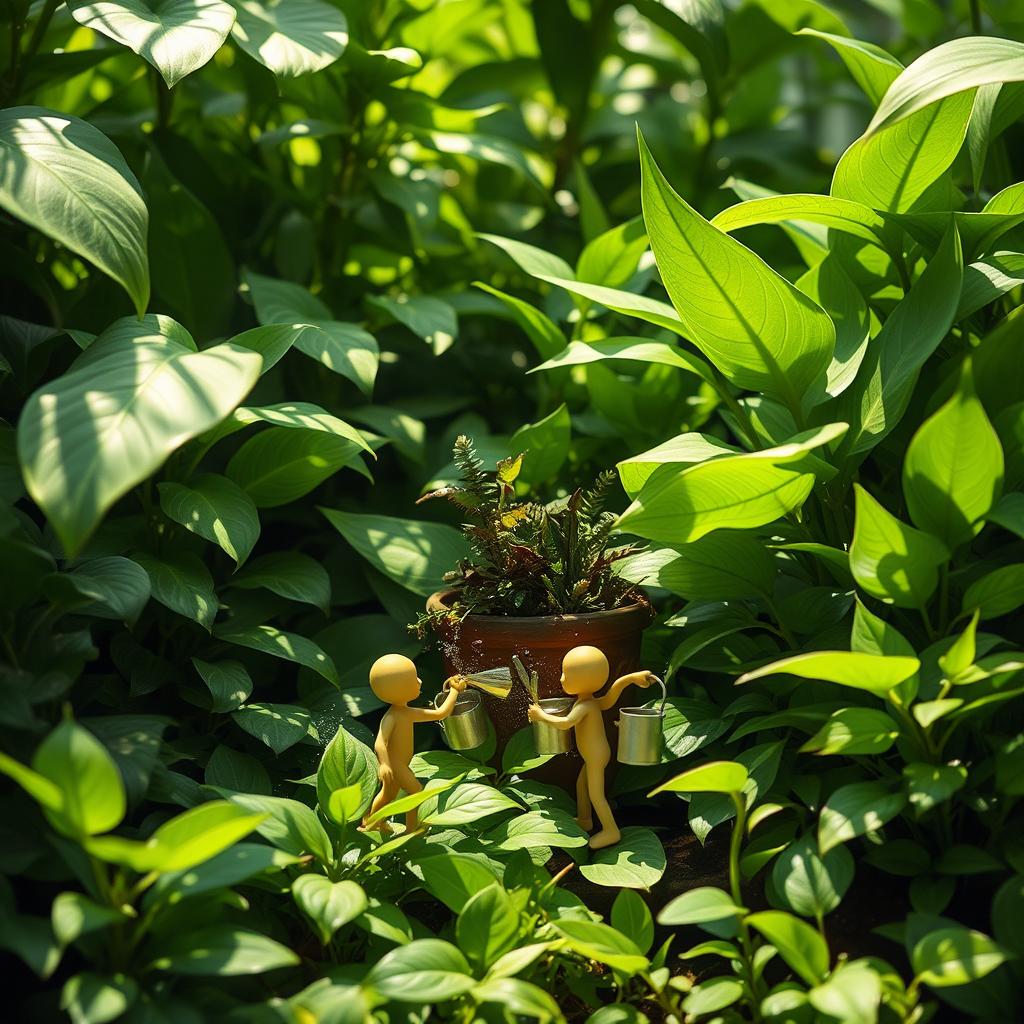 A whimsical scene featuring small figures caring for a massive houseplant jungle