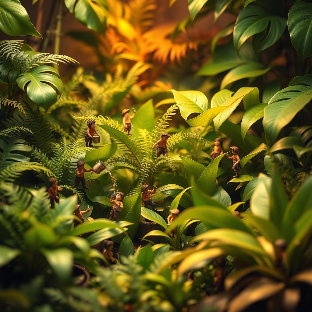 A fantastical scene depicting small, whimsical figures tending to an enormous jungle of lush, vibrant houseplants