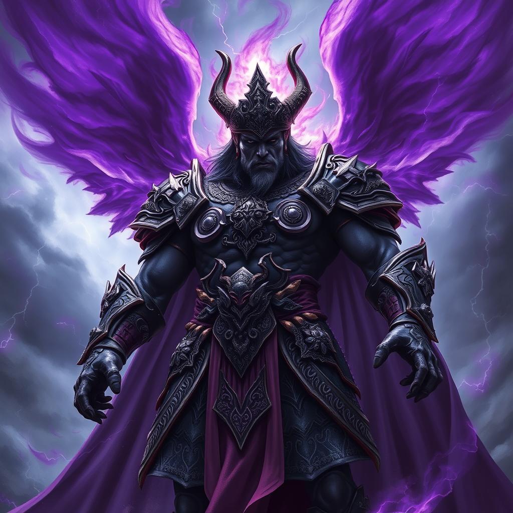 A majestic dark war god emanating powerful energy, depicted with deep purple hues