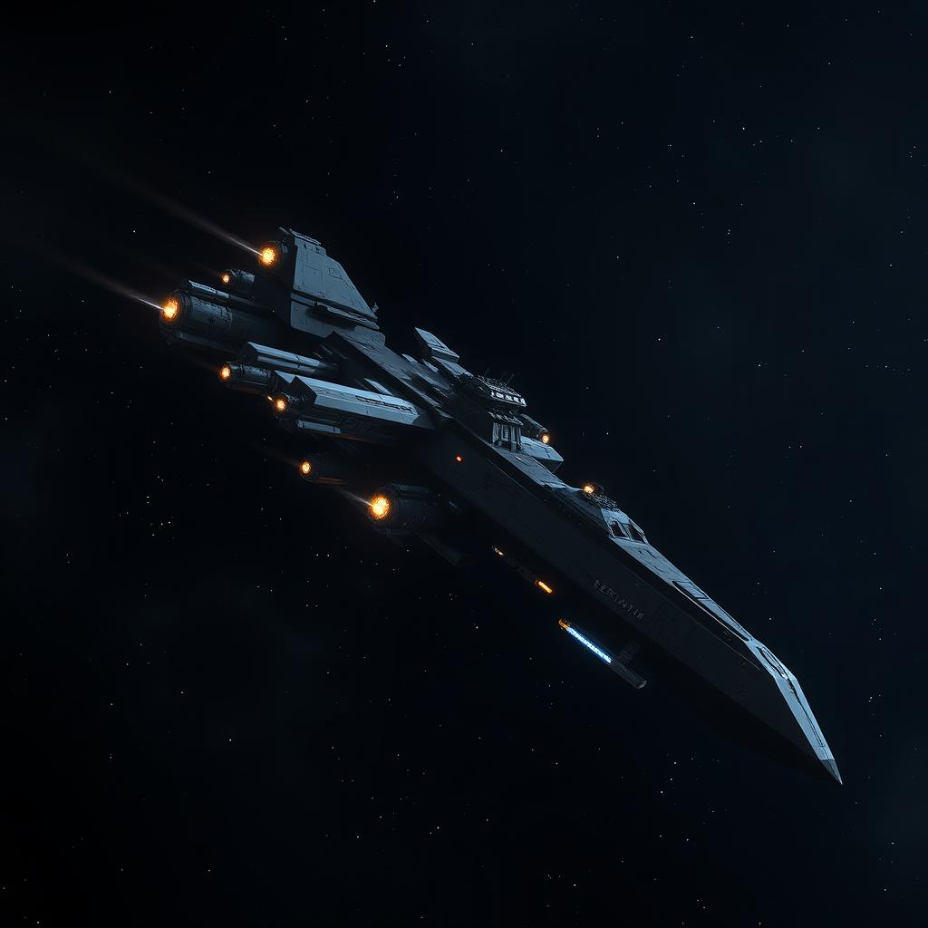 A war spaceship named Leviathan soaring through the dark depths of space, showcasing heavy armament with intricate design elements