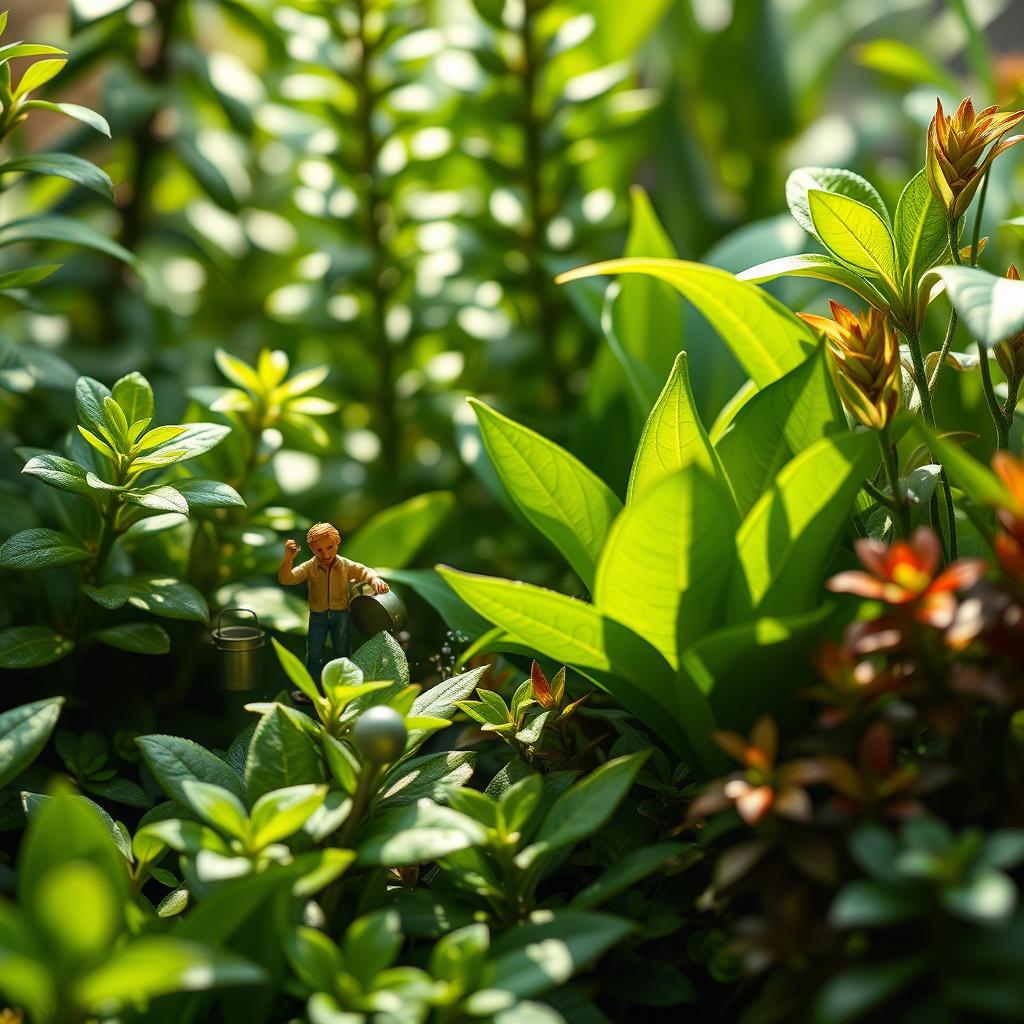 Ultra realistic 8k scene featuring small figures, like tiny gardeners, skillfully tending to a vibrant and flourishing houseplant jungle
