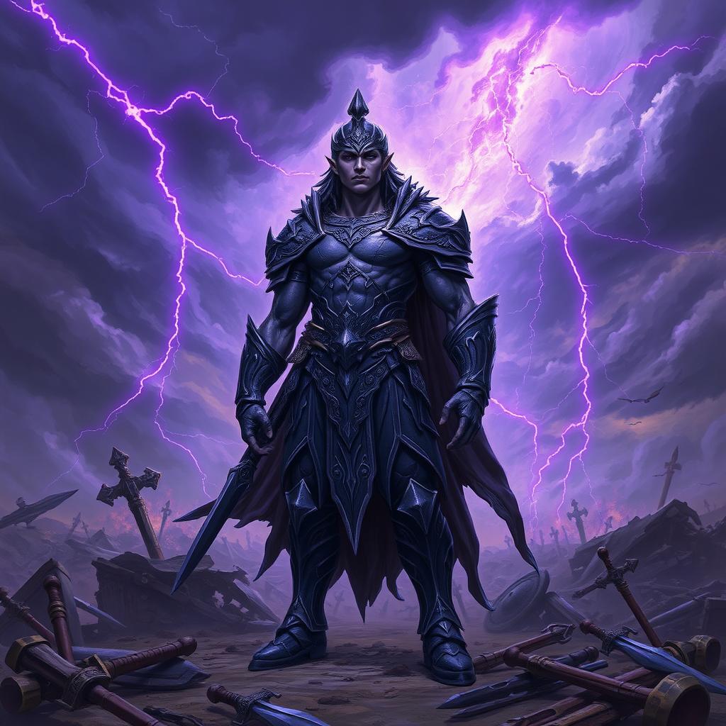 A striking depiction of a majestic young war god, embodying immense dark power with deep purple hues