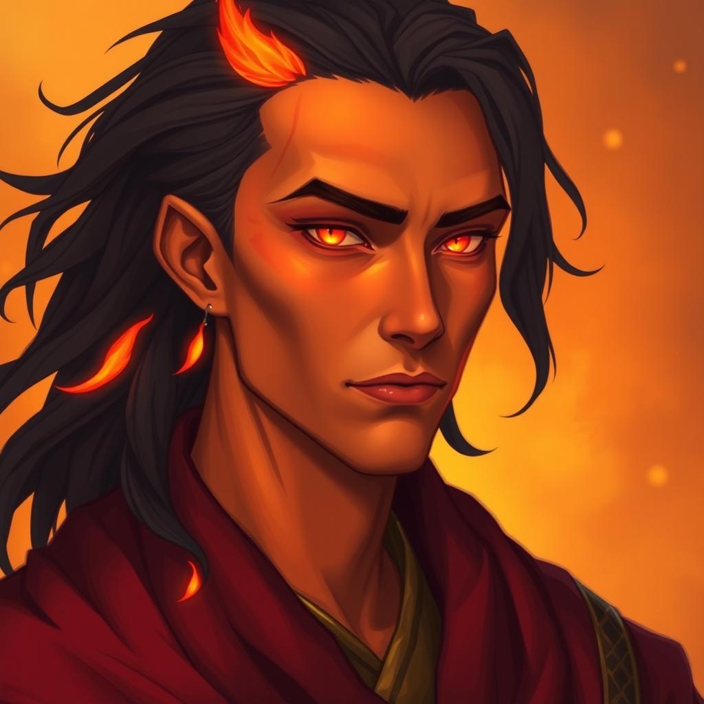 A portrait of a male fire genasi spell caster with a calm demeanor