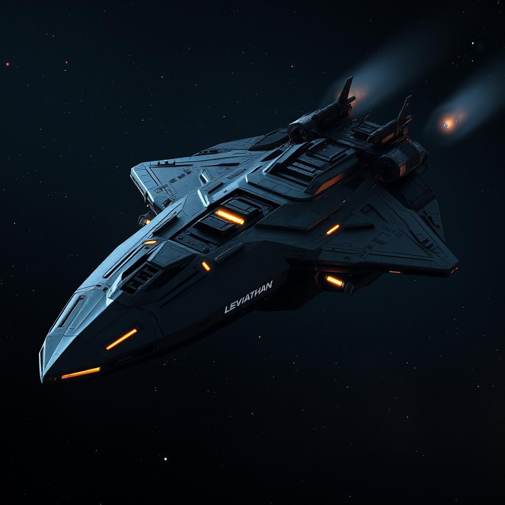 A futuristic war spaceship named Leviathan, featuring heavy weaponry and sleek, menacing design