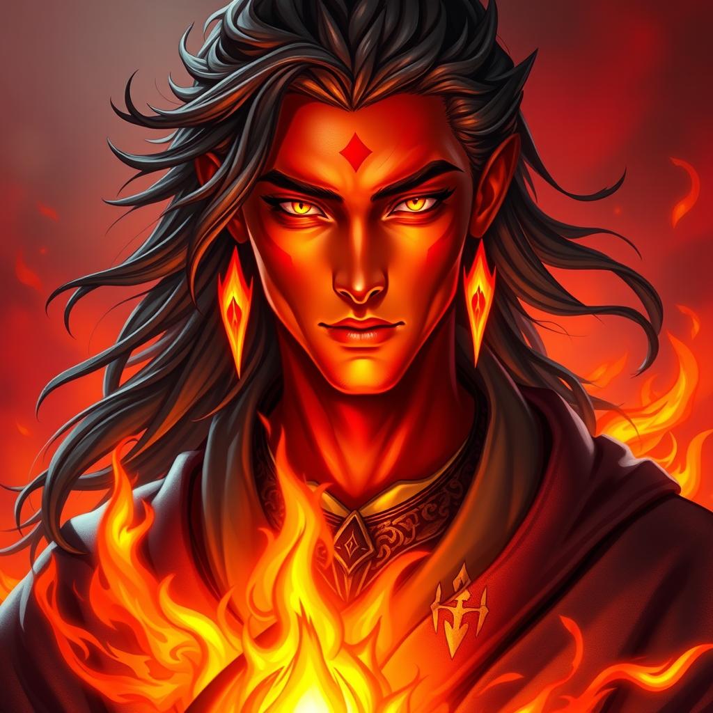 A striking portrait of a male fire genasi spell caster