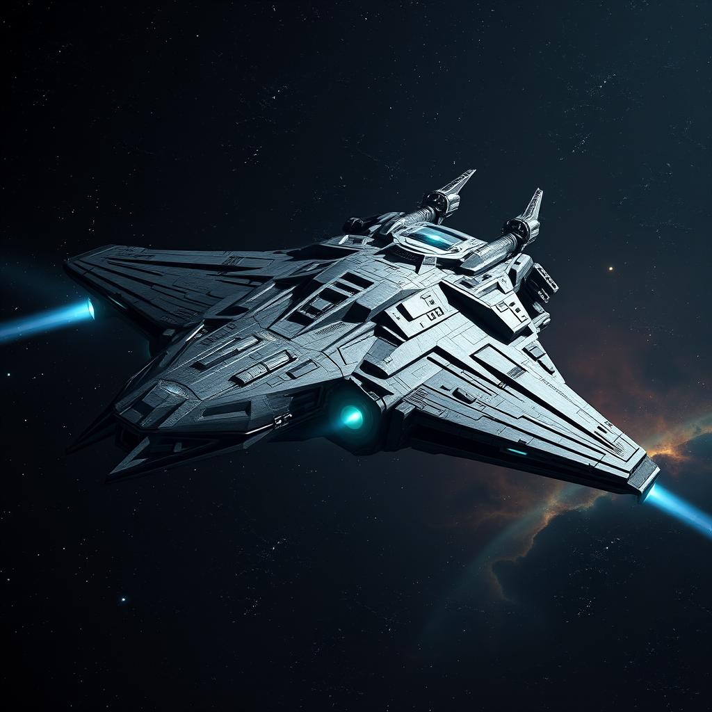 A massive alien war spaceship named Leviathan, equipped with heavy weaponry, soaring through the darkness of space