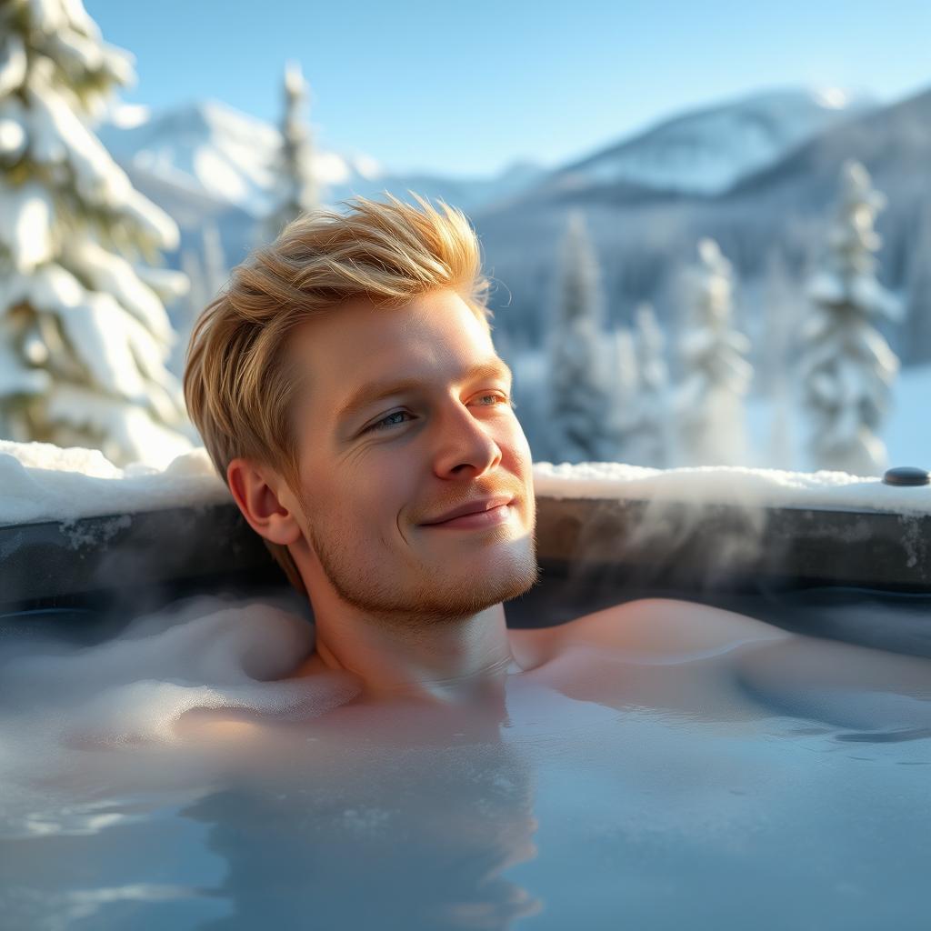 A Finnish blonde 25-year-old man relaxing in a serene winter onsen setting, surrounded by snow-covered mountains and steam rising from the warm waters