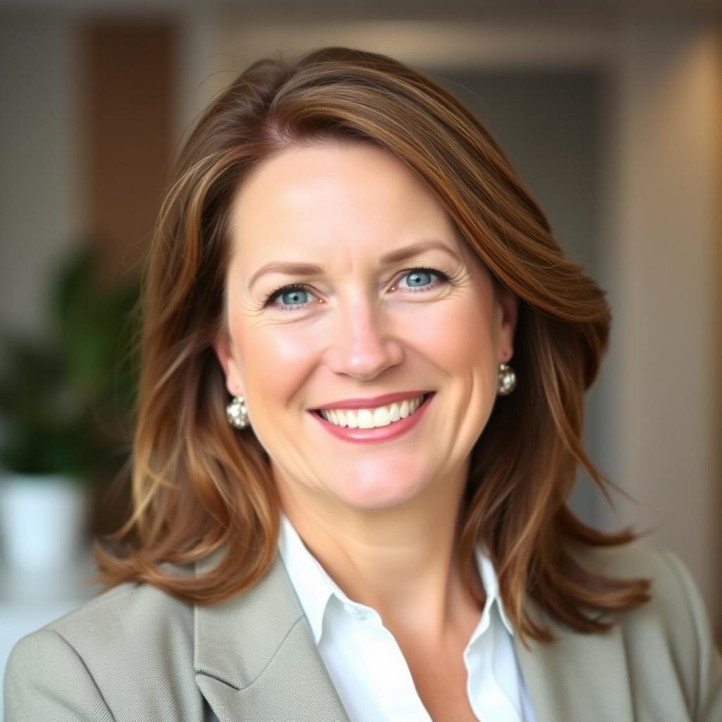 A portrait of Tytti Yli-Viikari, an elegant, middle-aged woman with flowing brown hair, wearing a smart casual outfit