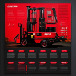 Create a catalog design for OZKAR MAKINA company, themed around machinery and lifting equipment. Design inspired by red and black colors, with room left blank for price and technical specifications for 5 different products.