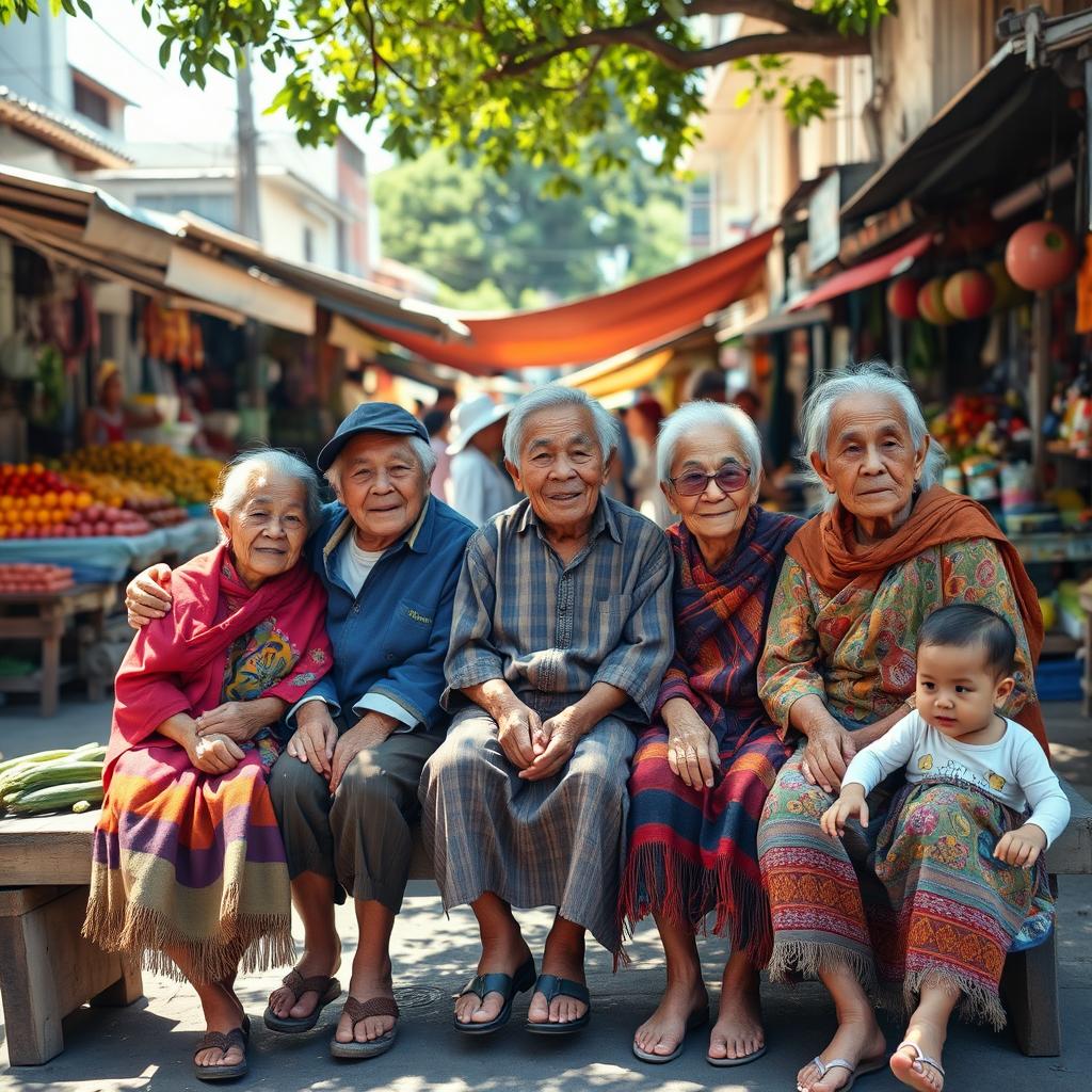 A poignant urban scene depicting elderly Filipino individuals sitting together on a worn wooden bench in a busy market street