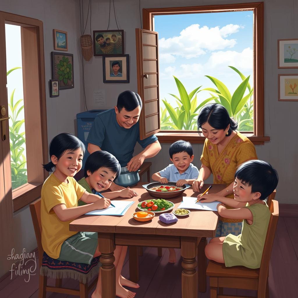 A heartwarming scene depicting a Filipino family living in a humble home