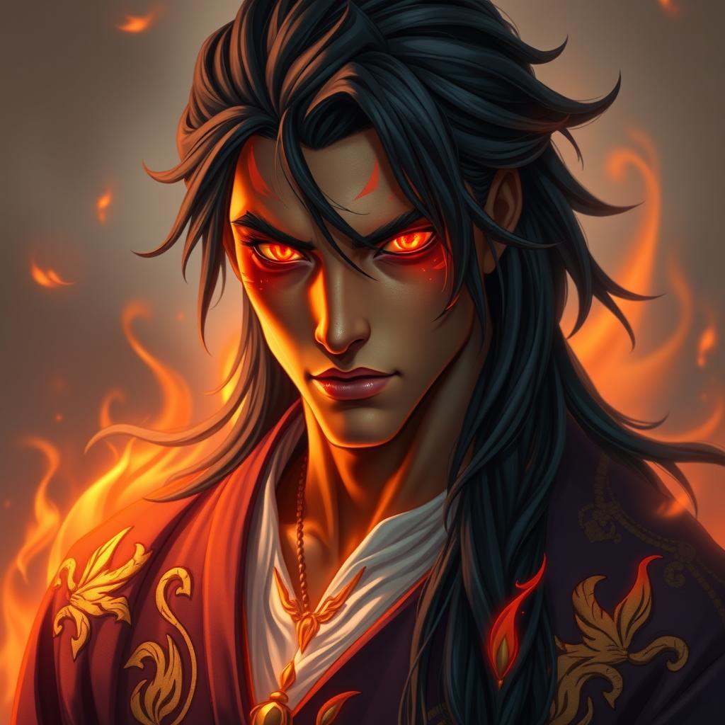 A captivating portrait of a male fire genasi spell caster, showcasing his unique elemental traits