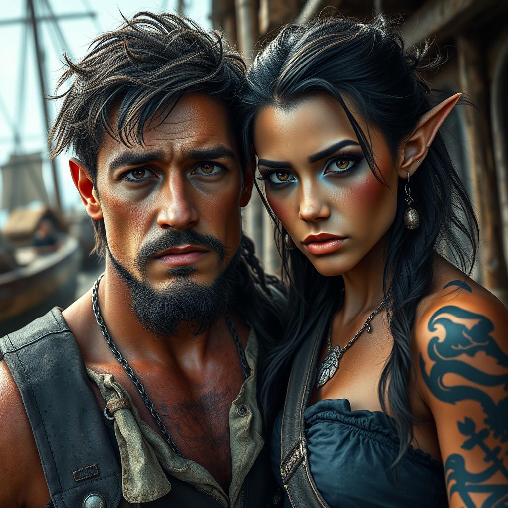 An ultra-photorealistic photograph of a young human male pirate and a dark elf female pirate, standing closely side-by-side on a weathered wooden dock in the chaotic free port of Storm Break