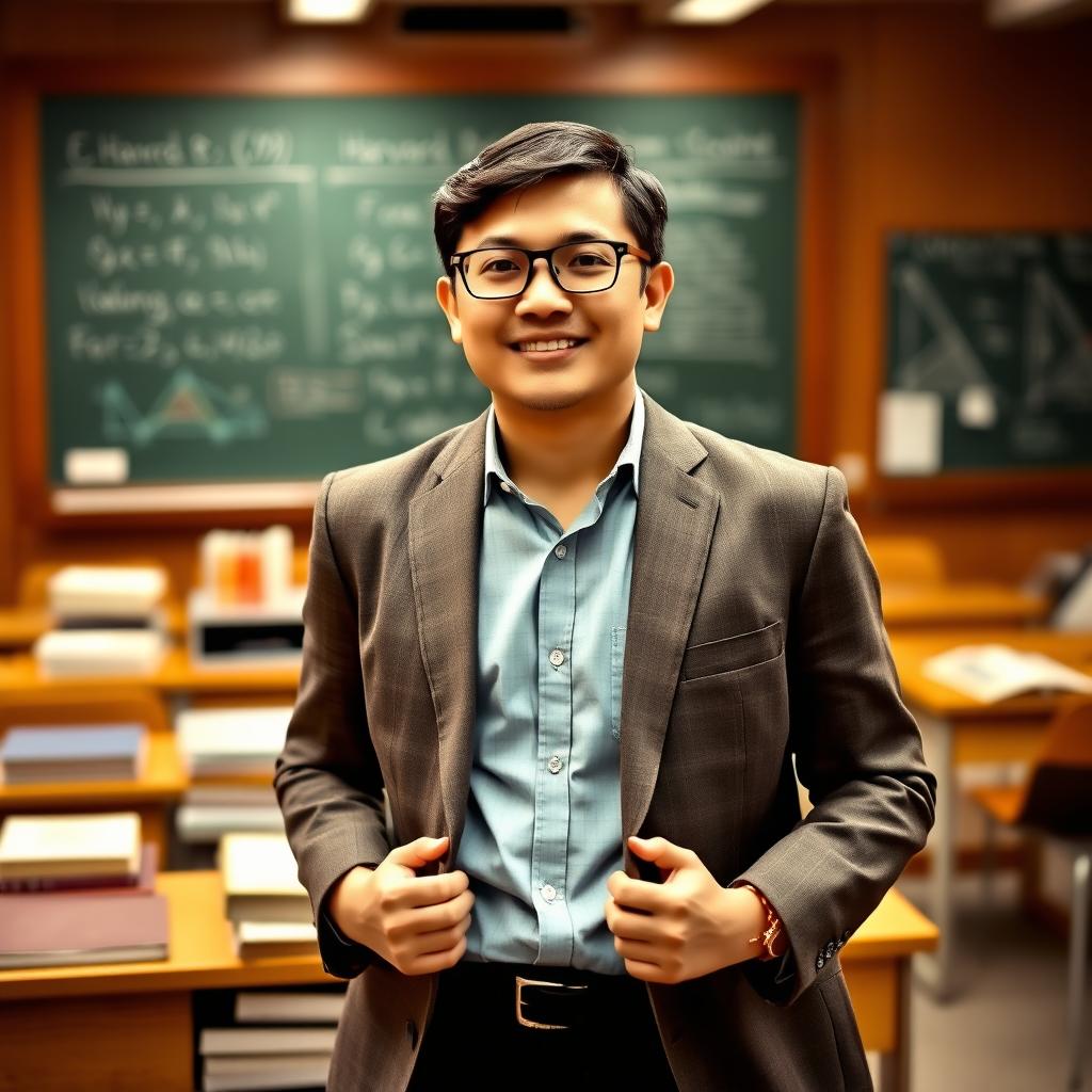 A Filipino male professor at Harvard University, looking intelligent and knowledgeable