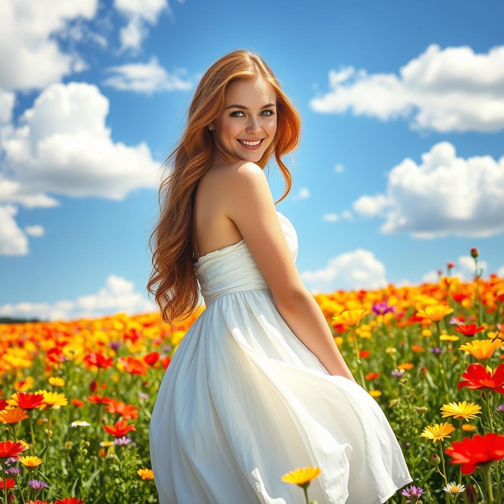 A stunning young woman standing in a vibrant flower field, wearing a flowing white dress that billows in the breeze
