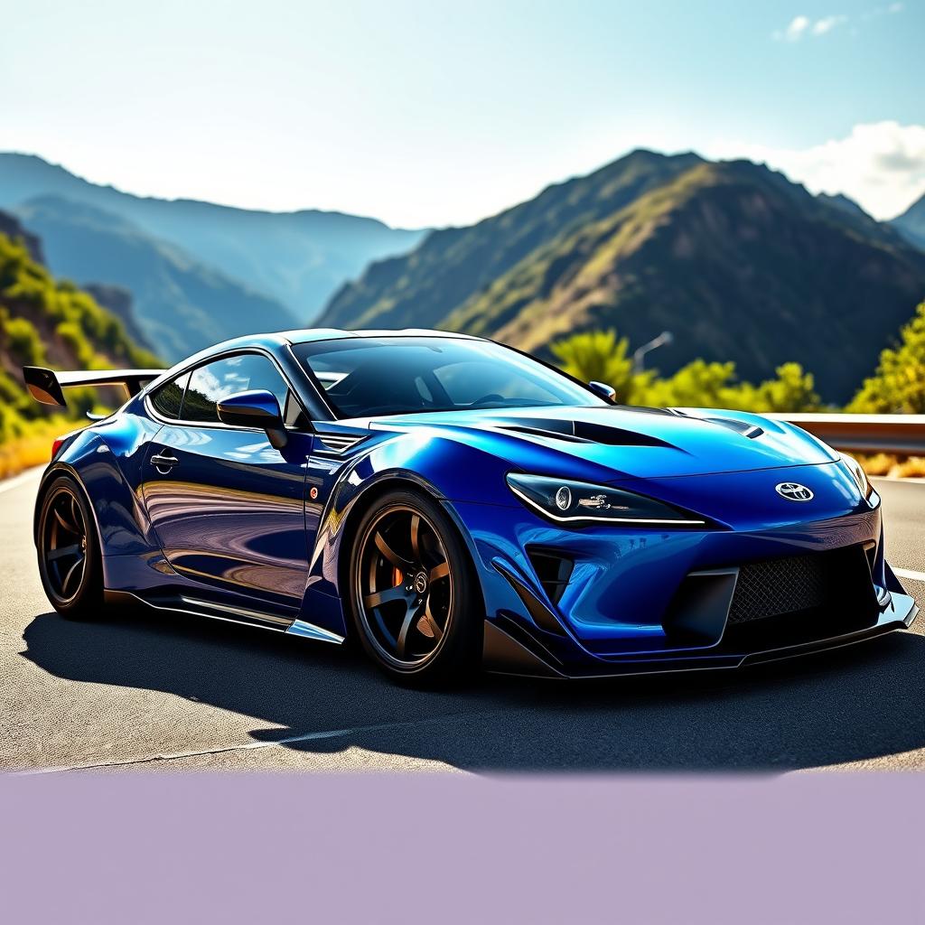 A stunning modified sports car featuring a widebody kit, showcasing aggressive styling and flared wheel arches
