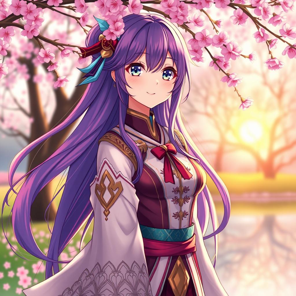 A stunning anime woman with long, flowing hair in vibrant colors, wearing a stylish and elaborate outfit that combines traditional Japanese elements with modern fantasy aesthetics