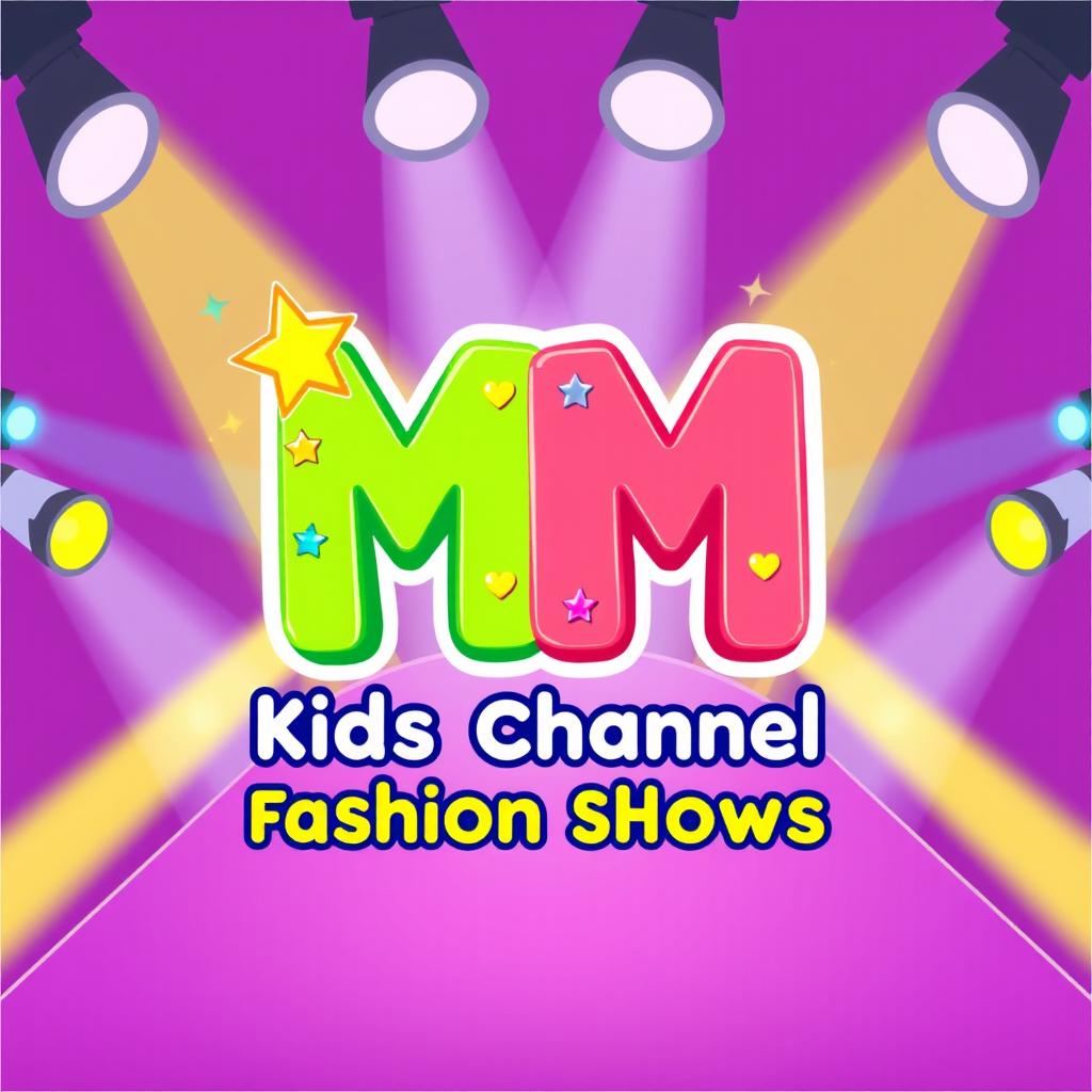 A vibrant and creative logo design featuring the letters "MM" prominently, styled in a playful and fashionable way suitable for a kids' channel focused on fashion shows