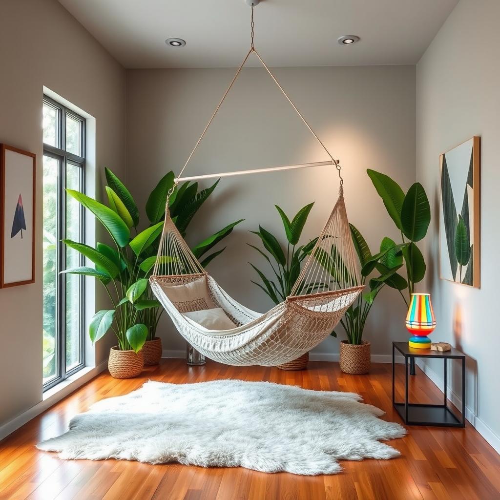 A sleek and modern bedroom featuring a large, stylish hammock suspended from the ceiling, with vibrant tropical plants surrounding it