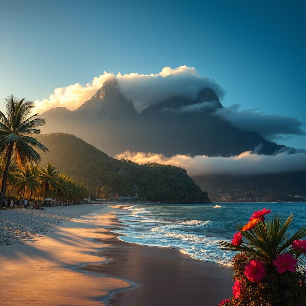 Uma imagem incrível e realista em estilo cinematográfico que retrata ao mesmo tempo a belíssima Praia do Rio de Janeiro e a majestosa Serra de Petrópolis
