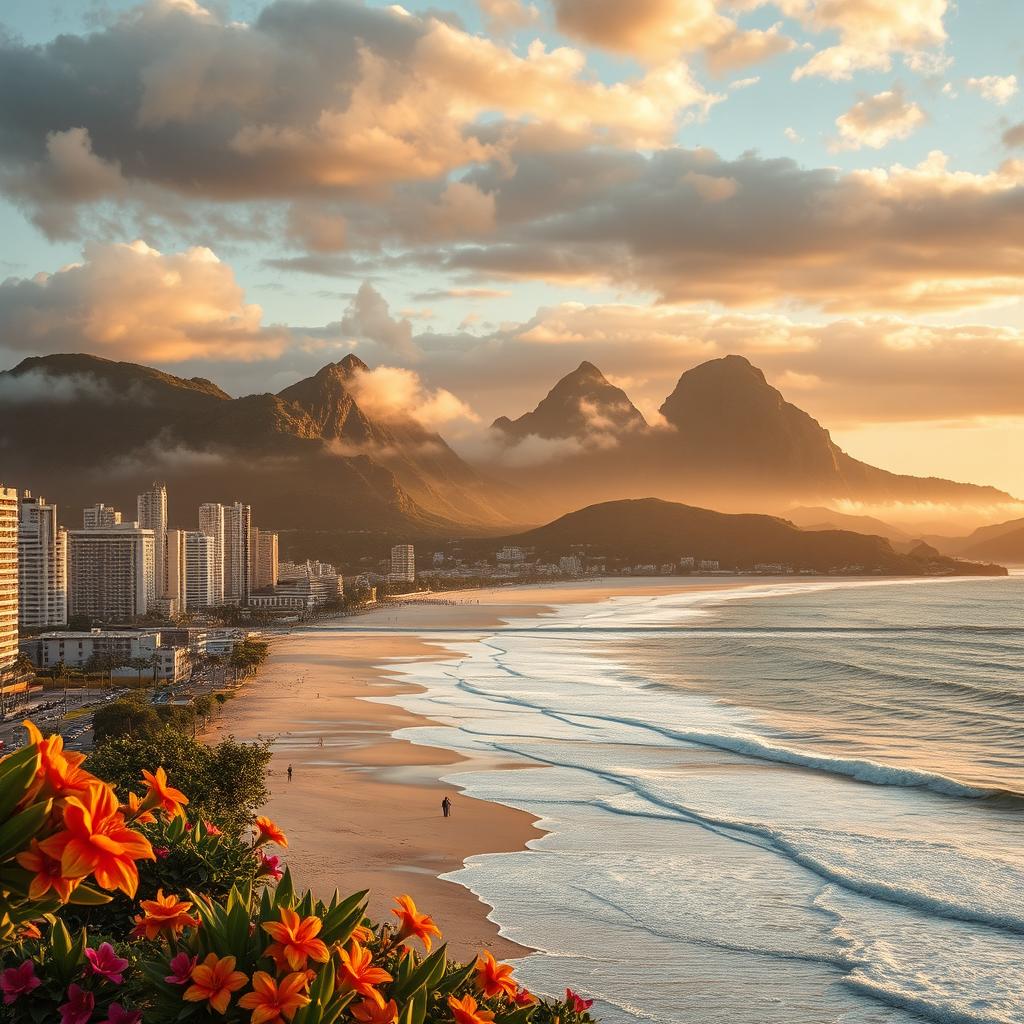 Uma imagem incrível e realista em estilo cinematográfico que captura simultaneamente a beleza da Praia do Rio de Janeiro e a majestosa Serra de Petrópolis