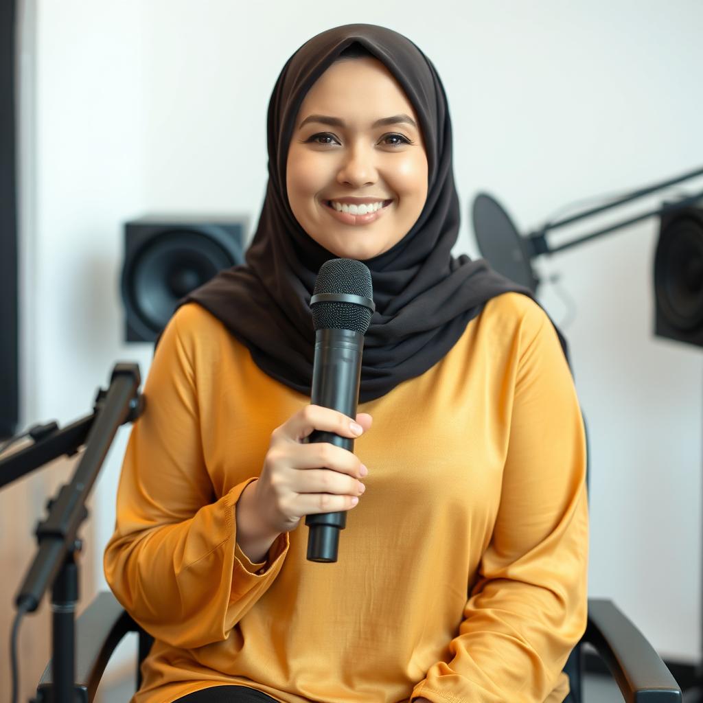 A beautiful and sweet 40-year-old Caucasian woman wearing a hijab, with a charming smile like a professional model