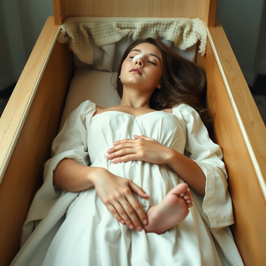 A young white woman lying in a Brazilian-style coffin, looking serene and peaceful
