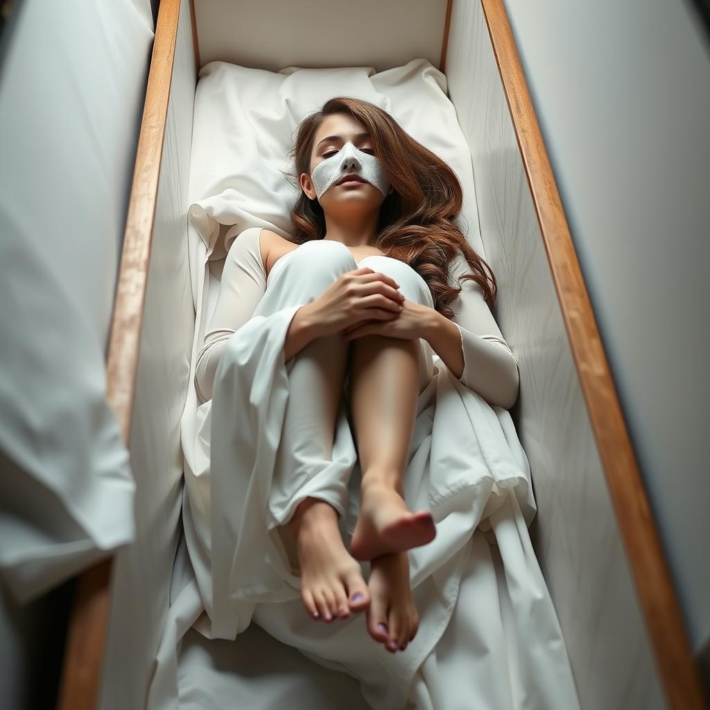 A realistic photo of a young white woman, age 22, lying in a Brazilian-style coffin
