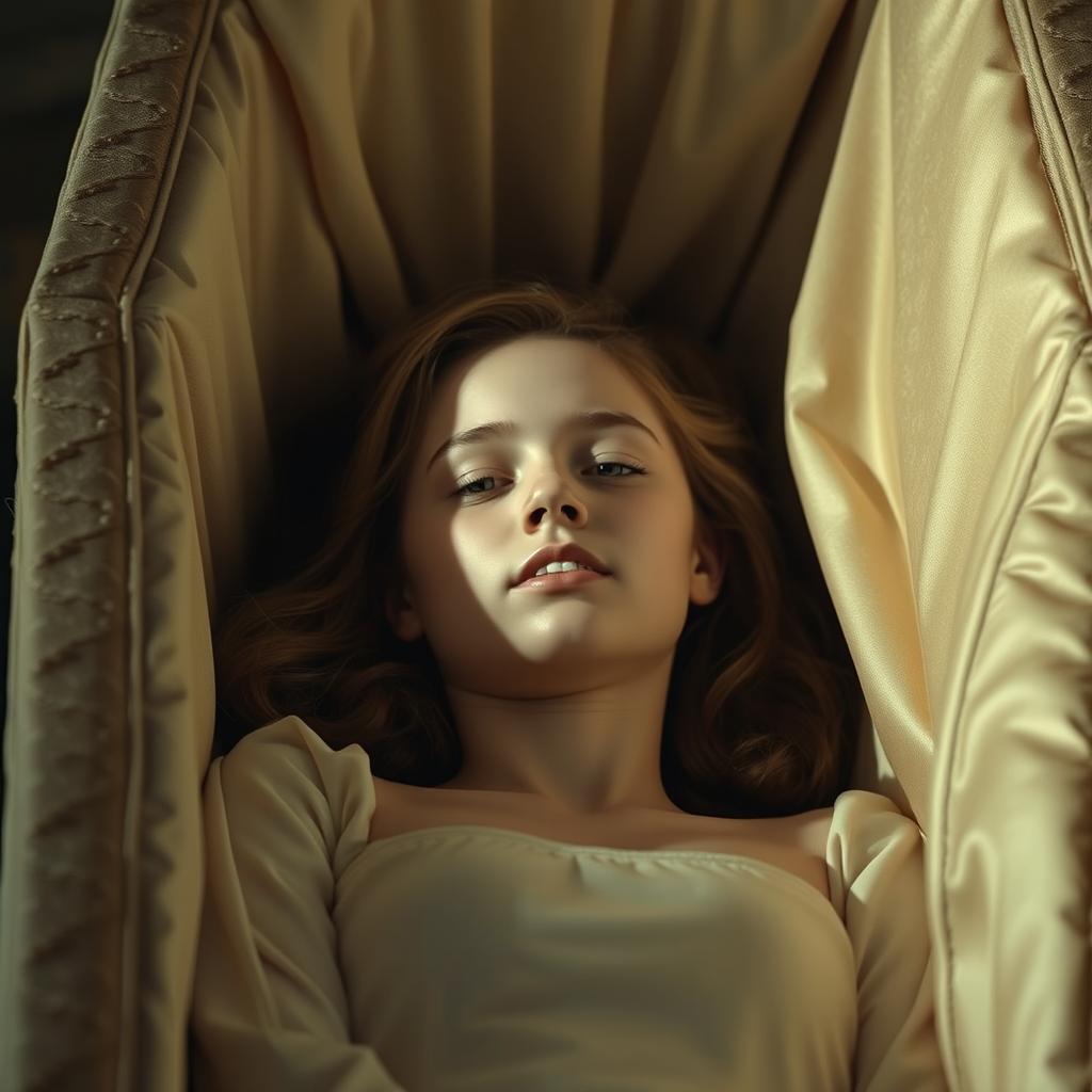 A hyper-realistic photograph of an 18-year-old girl lying inside a coffin, with a serene expression on her face