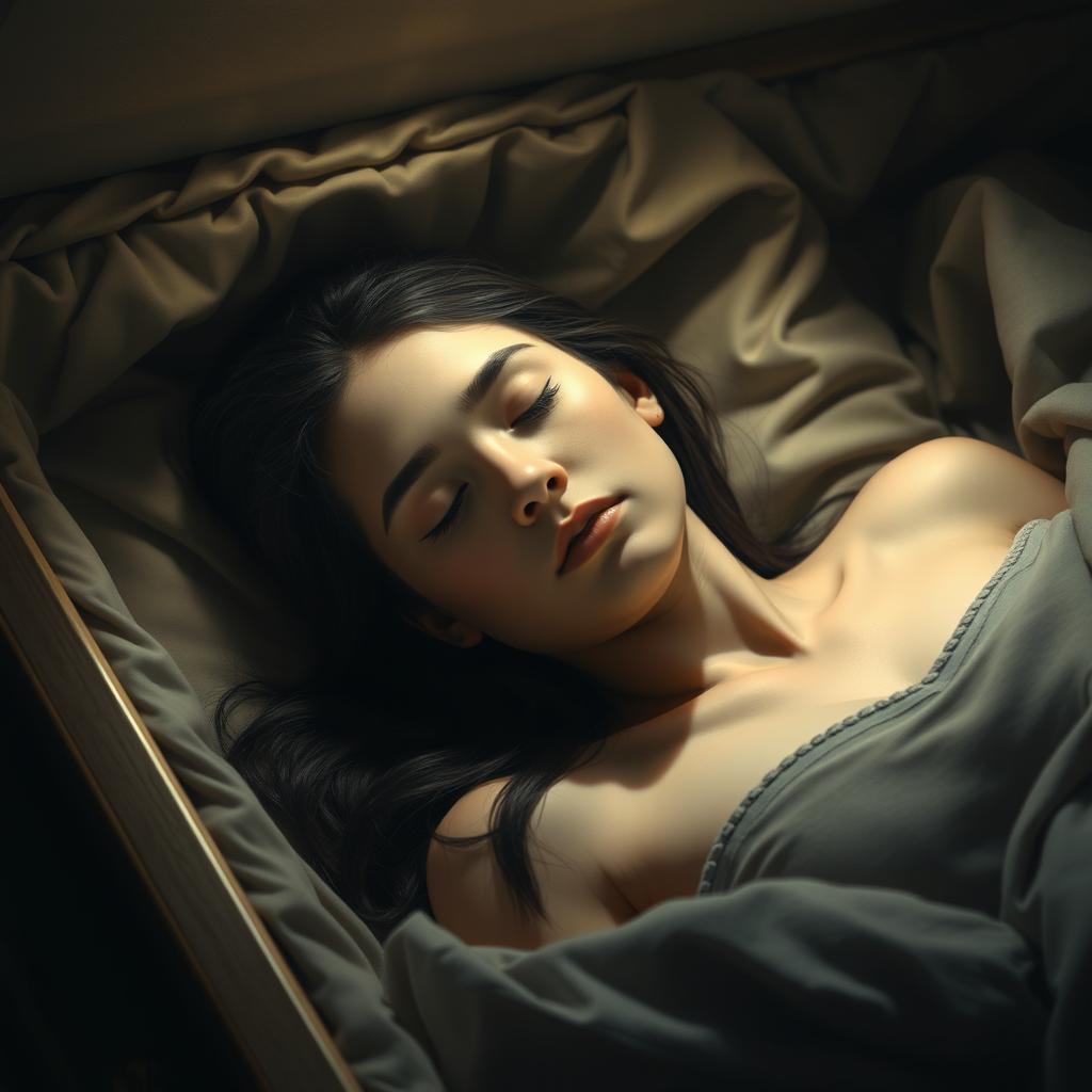 A realistic and somber depiction of a young woman, aged 18, lying peacefully in an elegant coffin lined with soft fabric