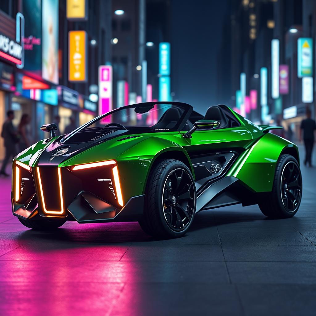 A futuristic Da64W Green Hornet concept vehicle, showcasing a sleek aerodynamic body with glossy green finishes and black accents