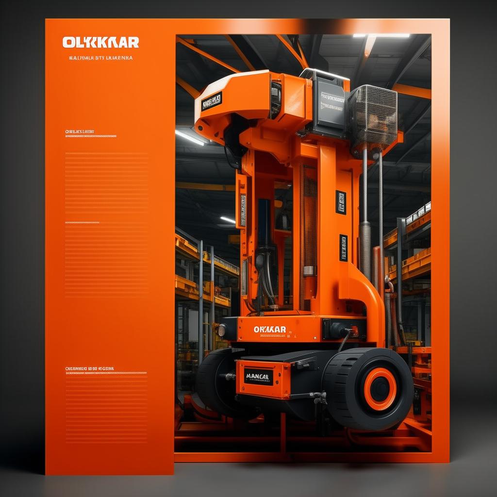 Design a catalog cover for OZKAR MAKINA company, utilizing a machinery and lifting equipment theme. The color scheme should be orange and black, with blank sections reserved for price and technical specifications for 5 different products.