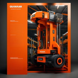 Design a catalog cover for OZKAR MAKINA company, utilizing a machinery and lifting equipment theme. The color scheme should be orange and black, with blank sections reserved for price and technical specifications for 5 different products.