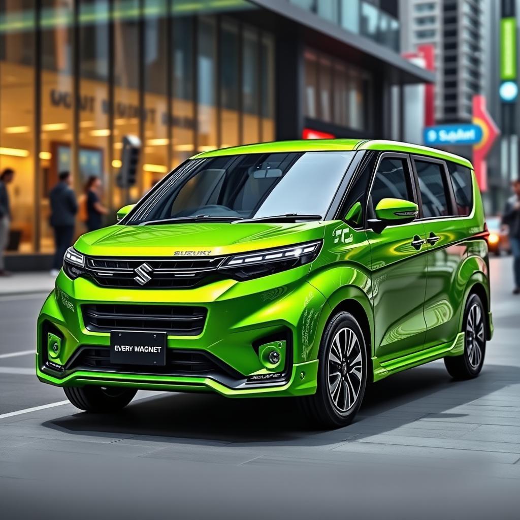 A sleek Suzuki Every Wagon designed in a vibrant green color, visually resembling the 'Green Hornet' concept