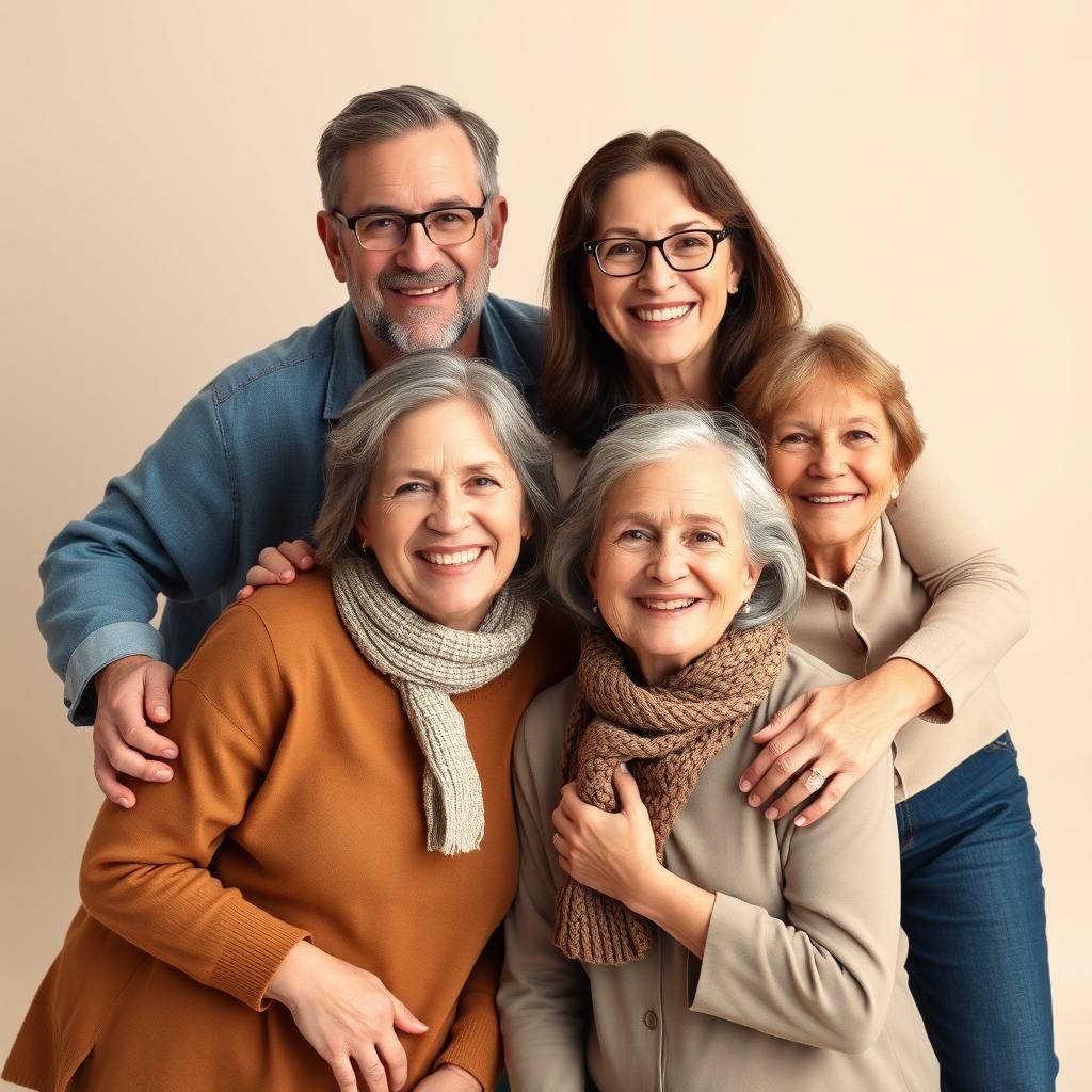 A heartwarming family portrait featuring four adults posed together in a studio setting