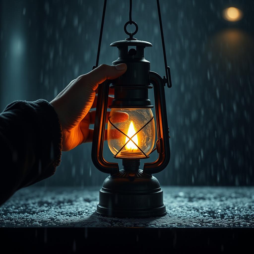 Uma imagem incrível e realista em estilo cinematográfico que mostra uma mão segurando uma antiga lâmpada de azeite com uma chama viva, iluminando o ambiente em meio a uma intensa chuva