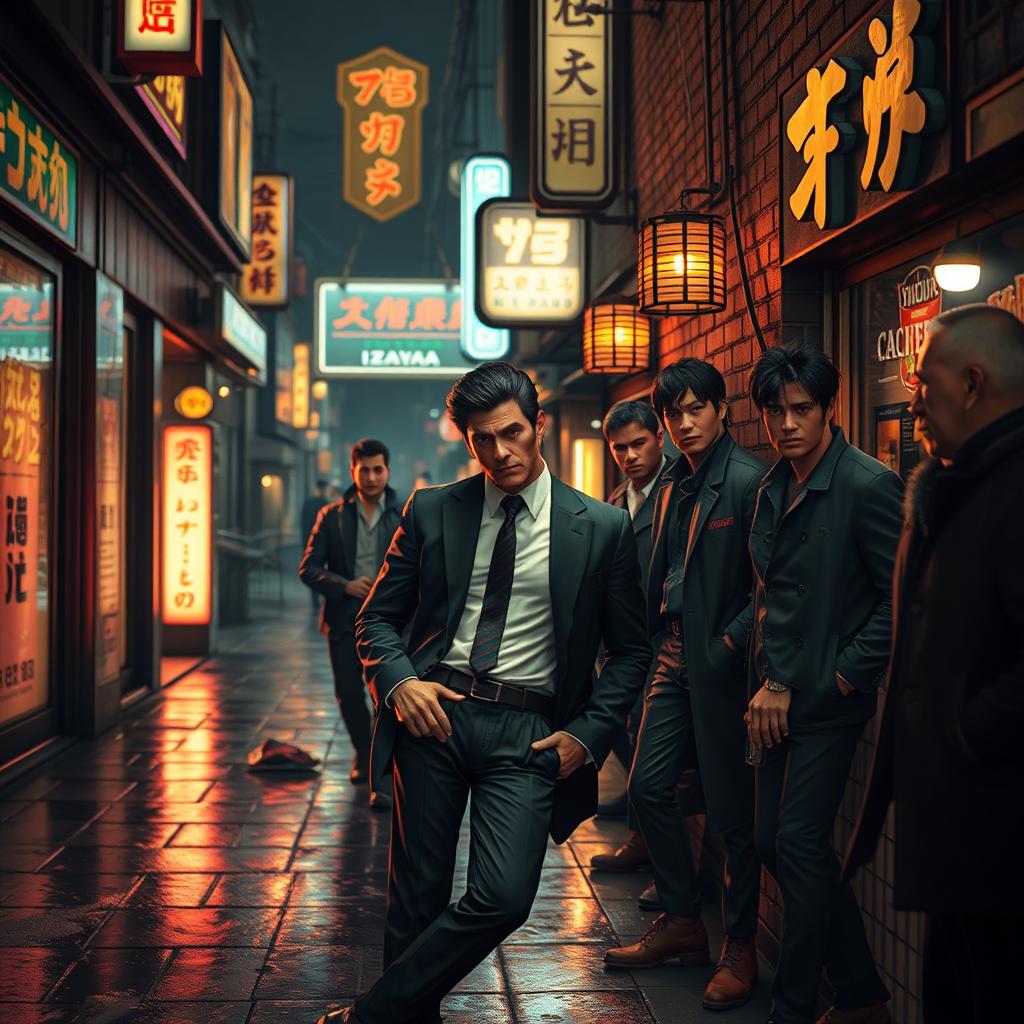 A gritty street scene reminiscent of the Yakuza 0 video game, featuring a dimly-lit urban alleyway filled with neon signs and rain-soaked pavement