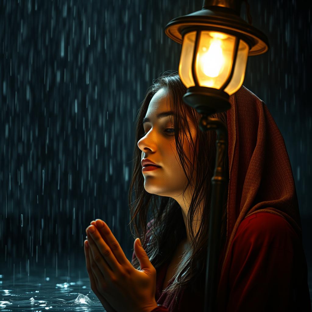 Uma imagem incrível e realista em estilo cinematográfico que mostra uma pessoa de joelhos, em profunda oração, em meio a uma chuva intensa