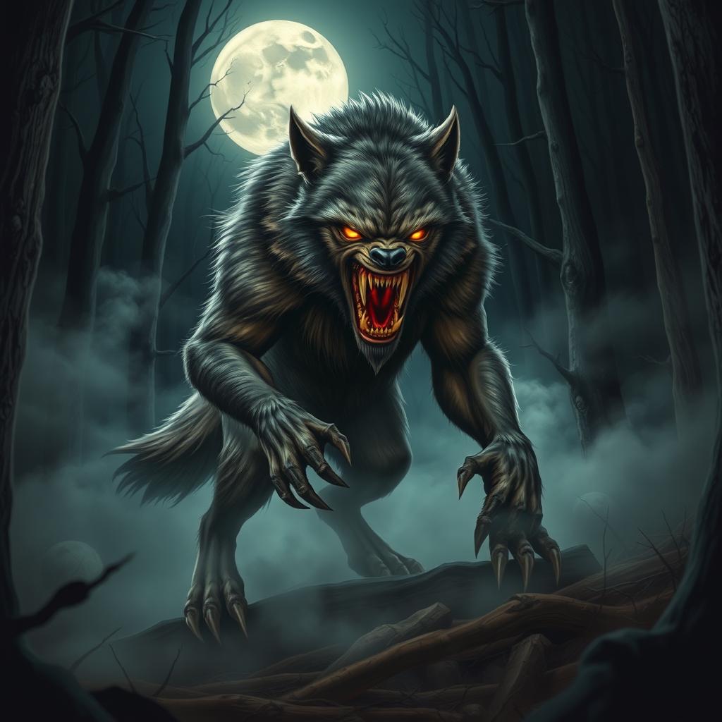 A fierce werewolf snarling with bared teeth under a full moon in a dark, eerie forest