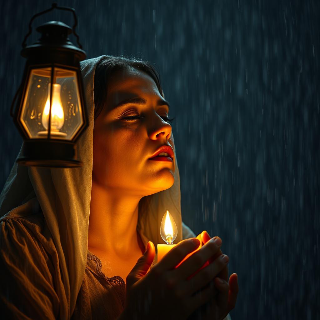 Uma imagem incrível e realista em estilo cinematográfico que mostra uma pessoa de joelhos, em profunda oração, em meio a uma intensa chuva