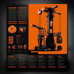 Design a catalog cover for OZKAR MAKINA company, utilizing a machinery and lifting equipment theme. The color scheme should be orange and black, with blank sections reserved for price and technical specifications for 5 different products.