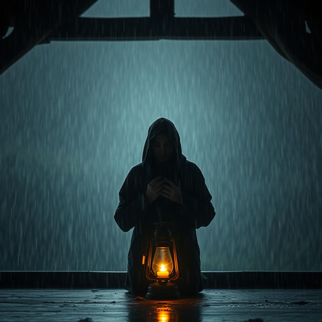 Uma imagem incrível e realista em estilo cinematográfico que retrata uma pessoa ao longe orando de joelhos em meio a uma intensa chuva