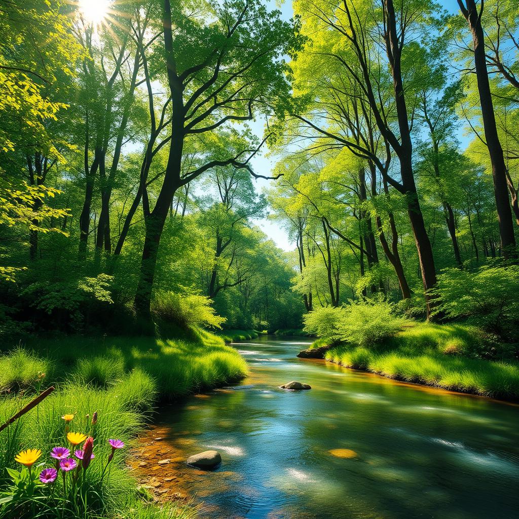 A vibrant and realistic landscape featuring a lush green forest with a gentle stream flowing through it