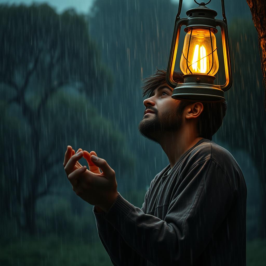 Uma imagem incrível e realista em estilo cinematográfico que retrata um homem ao longe na natureza, orando fervorosamente de joelhos em meio a uma intensa chuva
