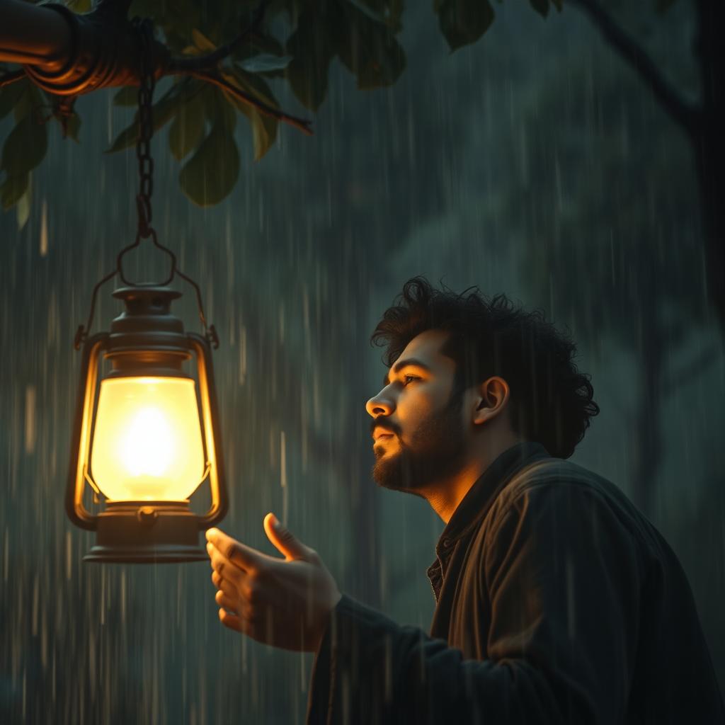 Uma imagem cinematográfica que retrata ao longe um homem na natureza, orando fervorosamente de joelhos em meio a uma intensa chuva
